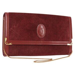 Authentic CARTIER Chain Shoulder Bag Suede Leather Red Gold